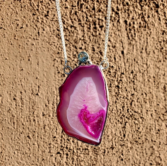 New Pink Agate Druzy & Apatite 925 Silver Necklace. - Picture 14 of 15